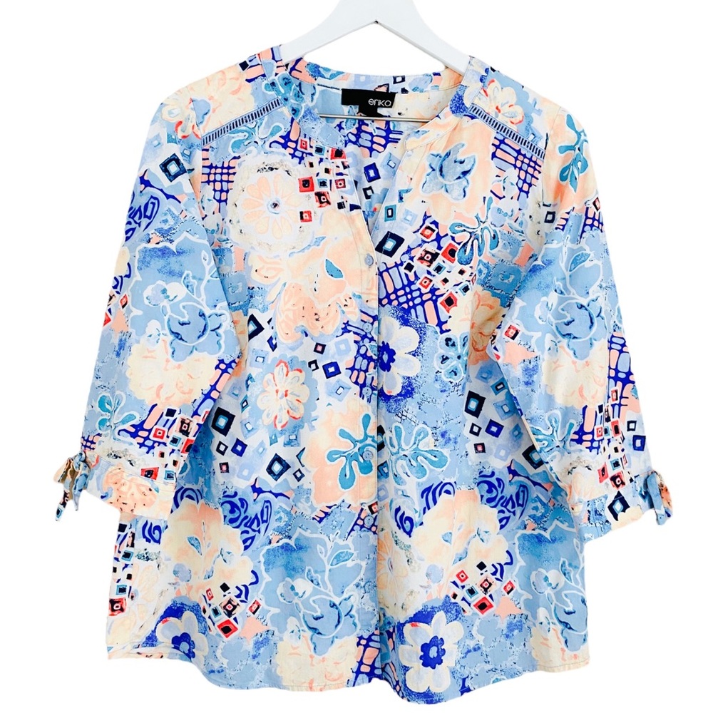 Erika Floral Embroidered Lattice‎ Cutouts 3/4 Sleeve Button Down Blouse Sz Large